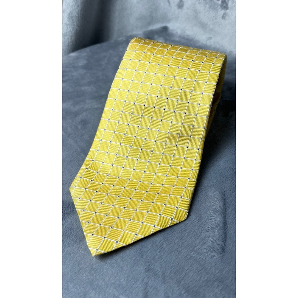 Brooks Brothers 346 Mens Silk Tie‎ Yellow Blue Micro Check Grid Stain Resistant